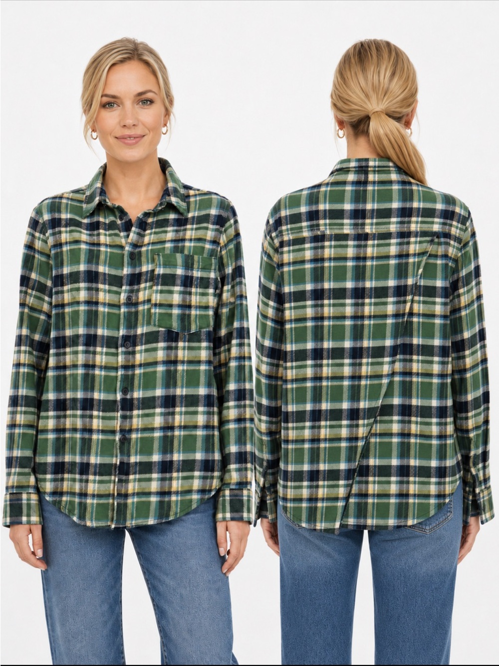 MOTHER Green Blue Plaid Cotton Button Down Split Back Shirt Size M